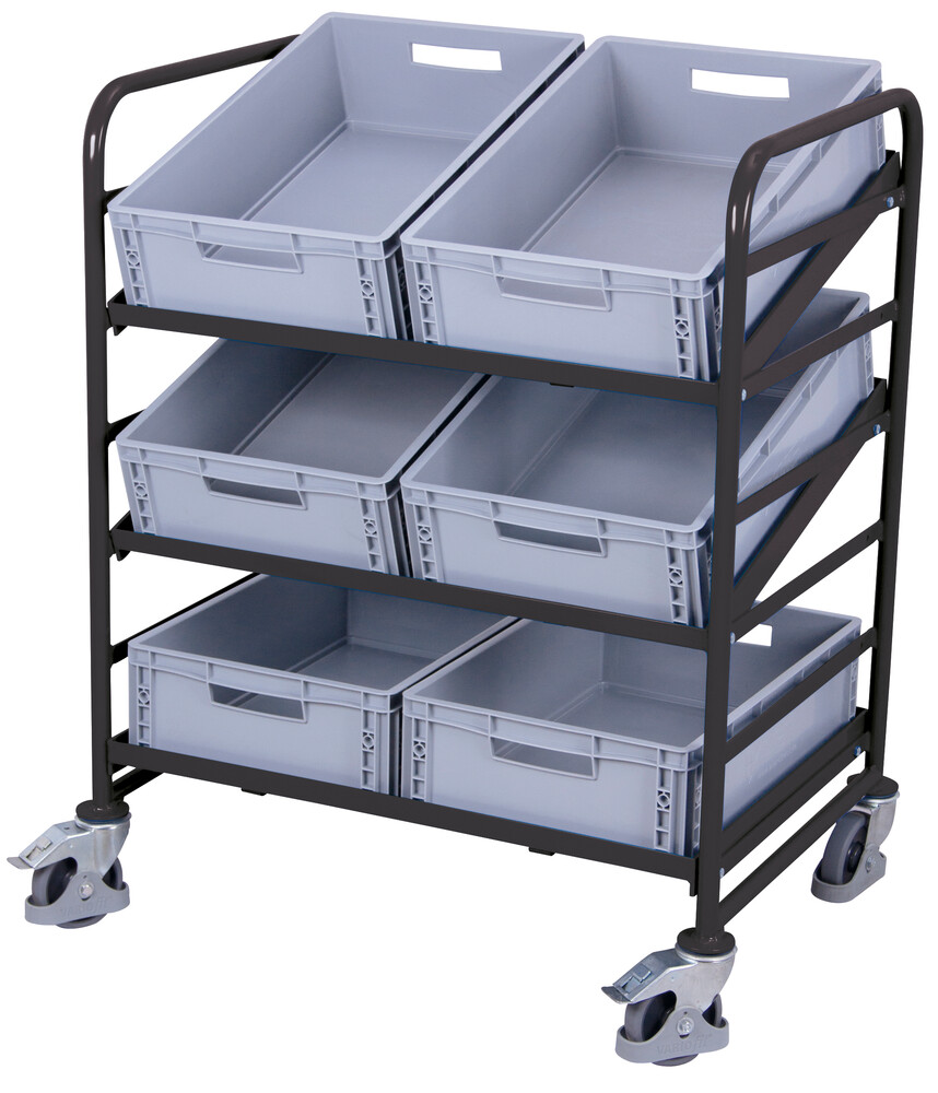 Chariot porte-bacs norme européenne avec 6 bacs plastiques Chariot porte-bacs norme européenne avec 6 bacs plastiques